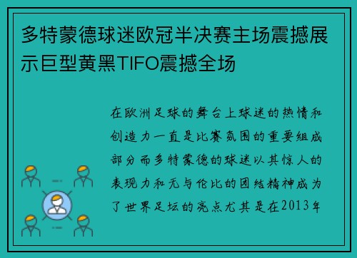 多特蒙德球迷欧冠半决赛主场震撼展示巨型黄黑TIFO震撼全场