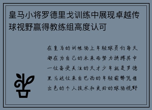 皇马小将罗德里戈训练中展现卓越传球视野赢得教练组高度认可 皇马小将罗德里戈训练中展现卓越传球视野赢得教练组高度认可